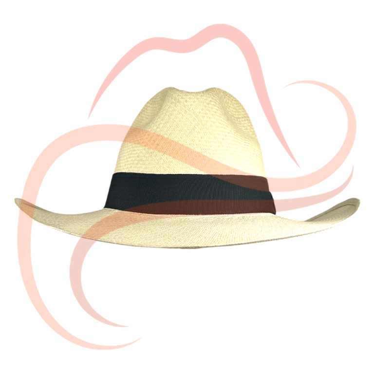 Sombrero aguadeño visto desde el frente, con ala curvada y una cinta negra contrastante. Hecho de palma de iraca con un acabado elegante.