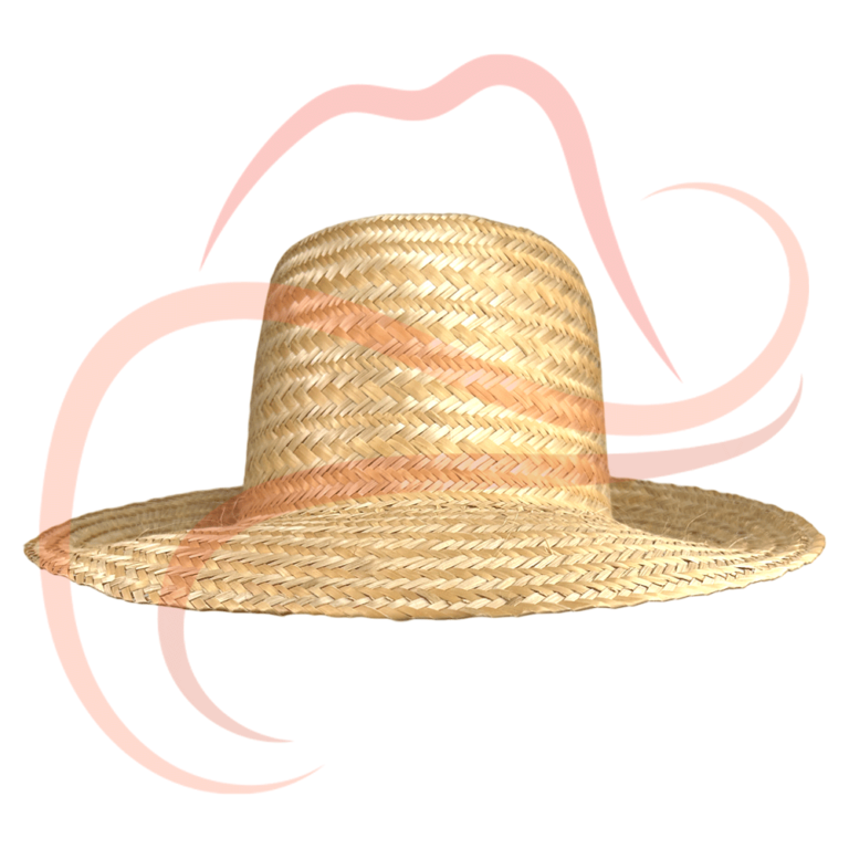 Fotografía del sombrero guajiro desde el frente, destacando la copa alta y el ala ancha con el característico tejido natural en espiga.