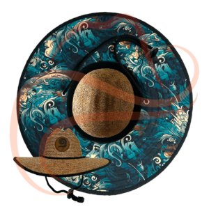 Imagen principal del Sombrero Viajero Faces, destacando el interior del ala con un llamativo estampado de rostros abstractos en tonos azules y beige, inspirado en el arte moderno.