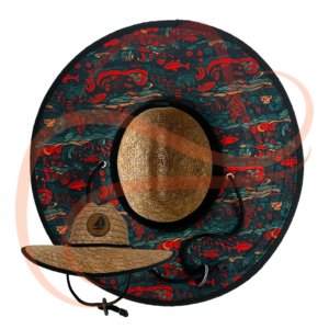 Imagen principal del Sombrero Viajero Ocean, destacando su estampado interior de tonos marinos con detalles de peces y olas en colores rojo y azul, reflejando un estilo oceánico y aventurero.