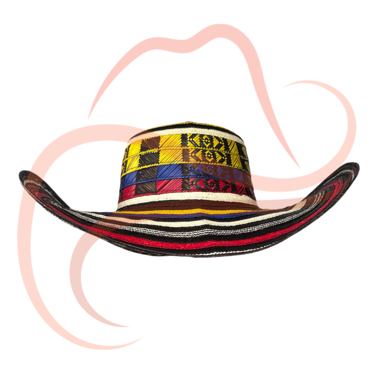 Vista frontal de sombrero vueltiao 15 vueltas, con colores representativos de Colombia: amarillo, azul y rojo. Tejido a mano en caña flecha.