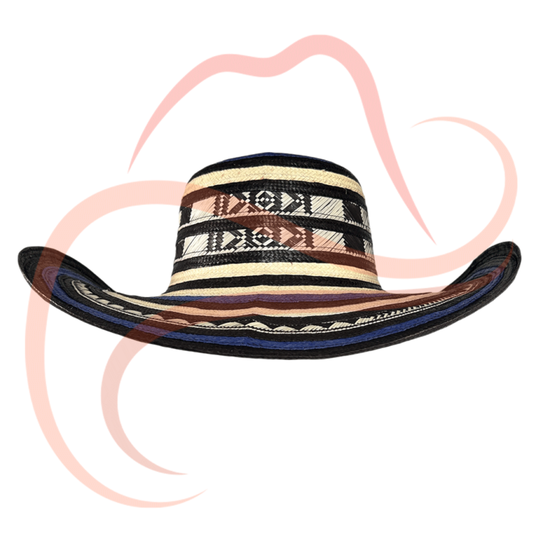 Sombrero vueltiao de 15 vueltas con diseño en negro, blanco y azul visto de frente, mostrando los detalles geométricos característicos del tejido artesanal en caña flecha.