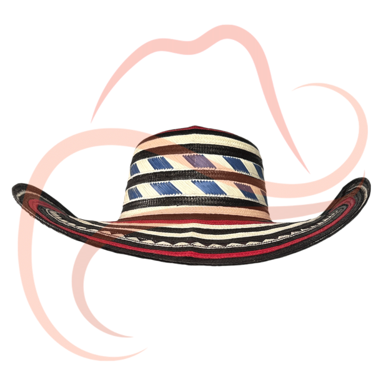 Vista frontal de sombrero vueltiao de 15 vueltas, con una mezcla de colores rojo, blanco y negro, tejido artesanalmente en caña flecha.