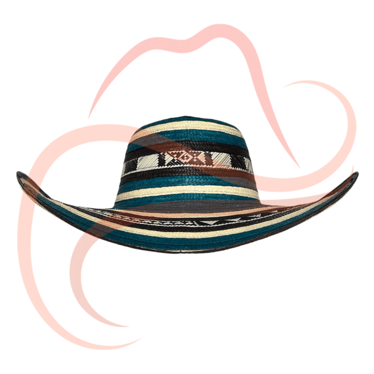 Sombrero vueltiao de 15 vueltas, hecho a mano en caña flecha, con franjas de colores verde, negro y blanco en vista frontal.