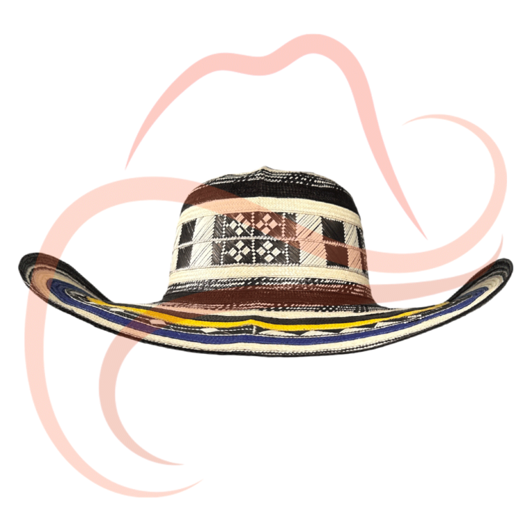 Sombrero vueltiao de 19 vueltas con franjas en amarillo, azul y negro, visto desde el frente con detalles geométricos en la copa y el ala ancha curvada.