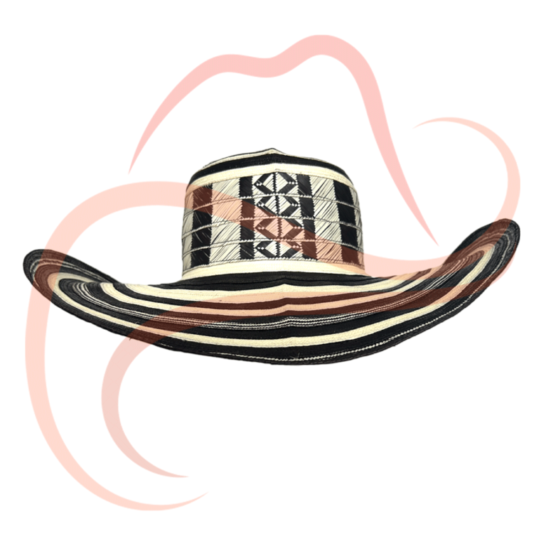 Vista frontal del Sombrero Vueltiao de 21 vueltas, con detalles artesanales en blanco, negro y marrón, tejido a mano con fibras naturales.