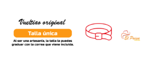 Imagen informativa sobre el sombrero vueltiao original, indicando que es de talla única y se ajusta fácilmente con la correa incluida, dado que es una artesanía hecha a mano.